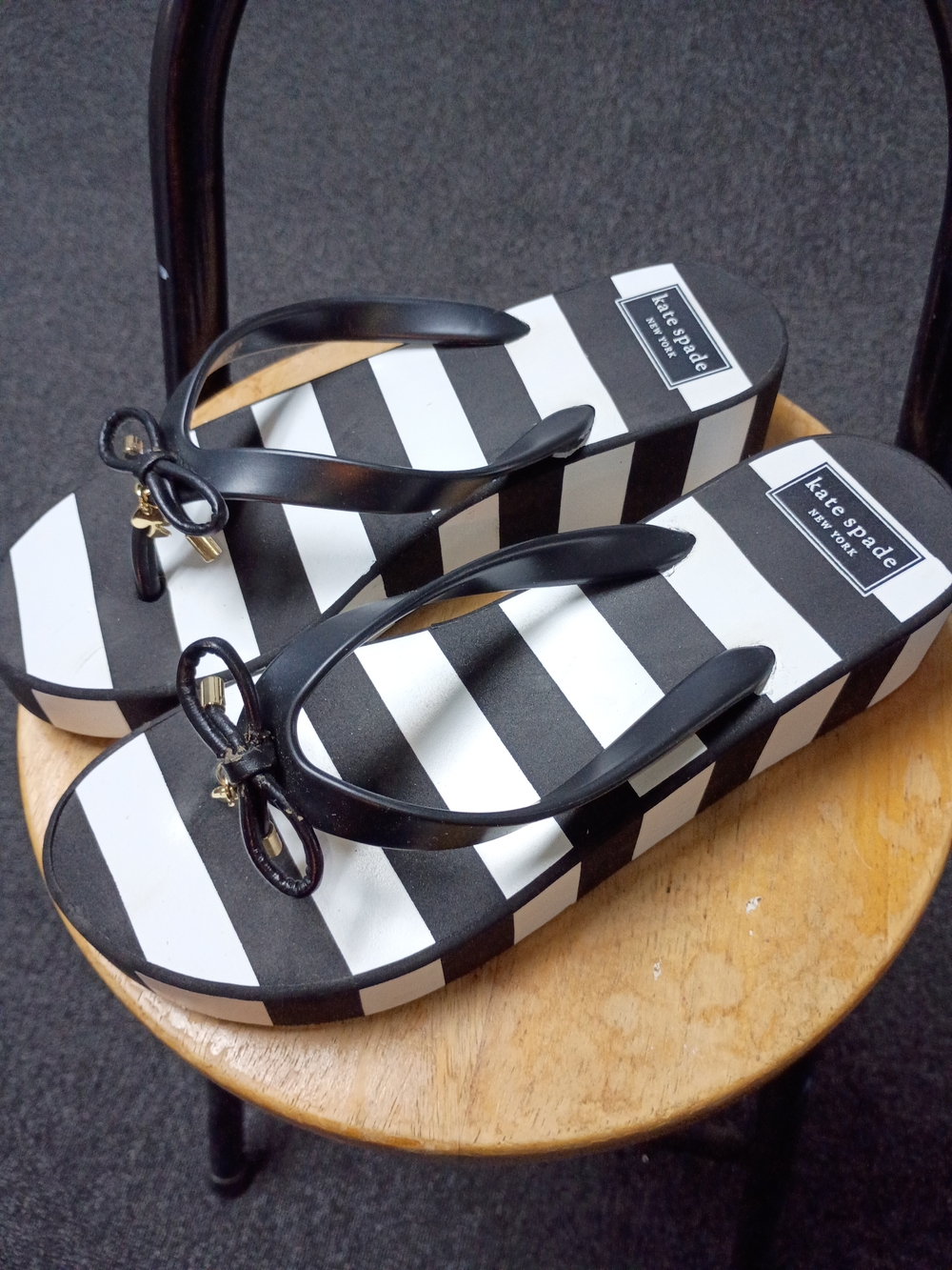 Kate Spade New York Black & White Striped Wedge Flip Flops. Size 9 $20